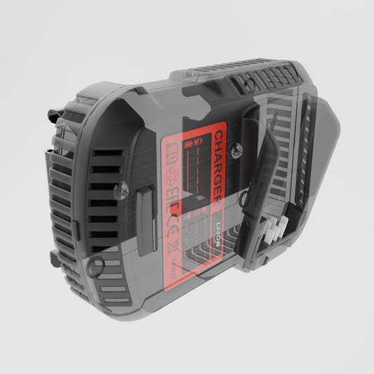 A gray and black battery charger with a red and black 'CHARGE' label, shown at an angle on a light gray background.
