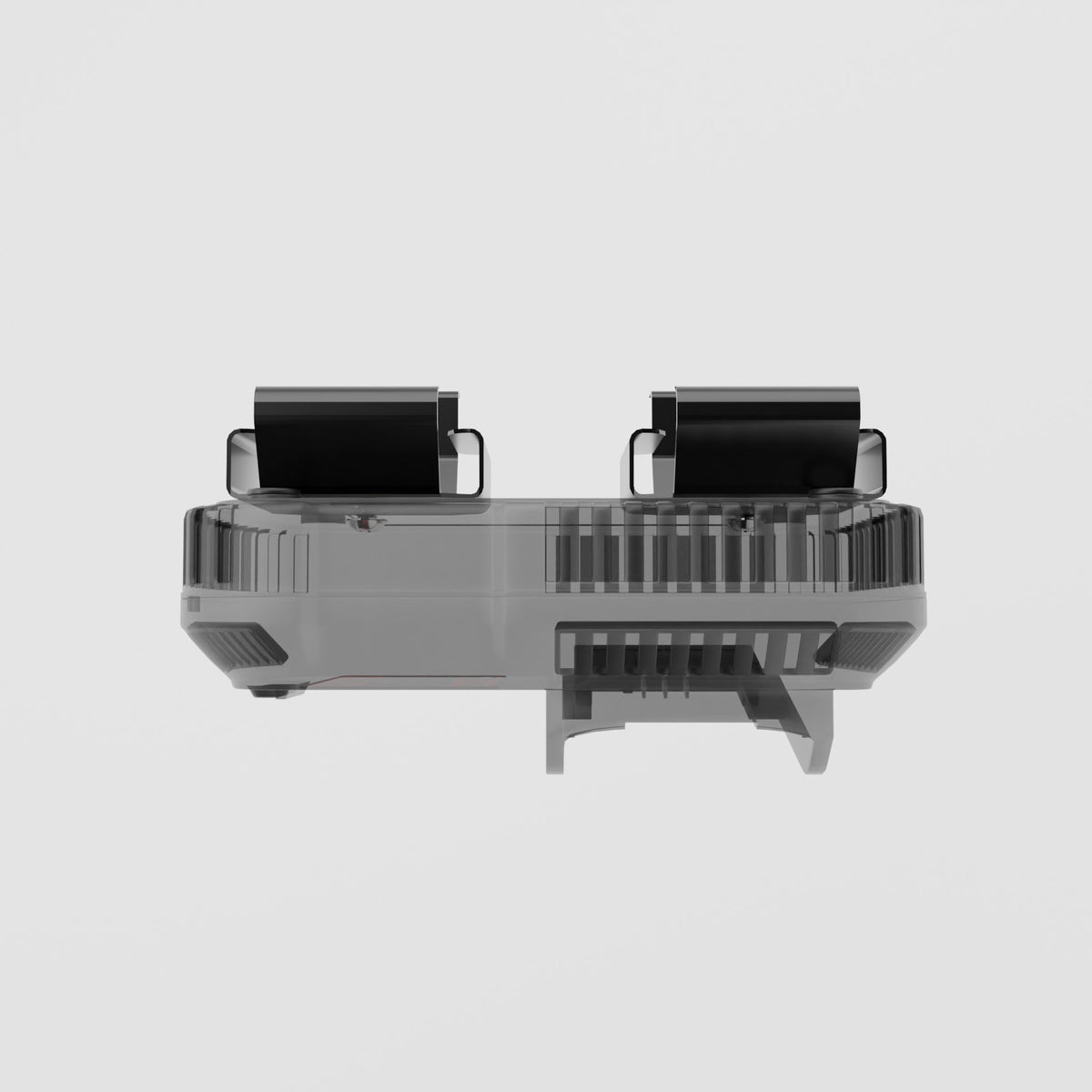 semi-transparent gray and black battery charger, shown from a top-down perspective on a light gray background.