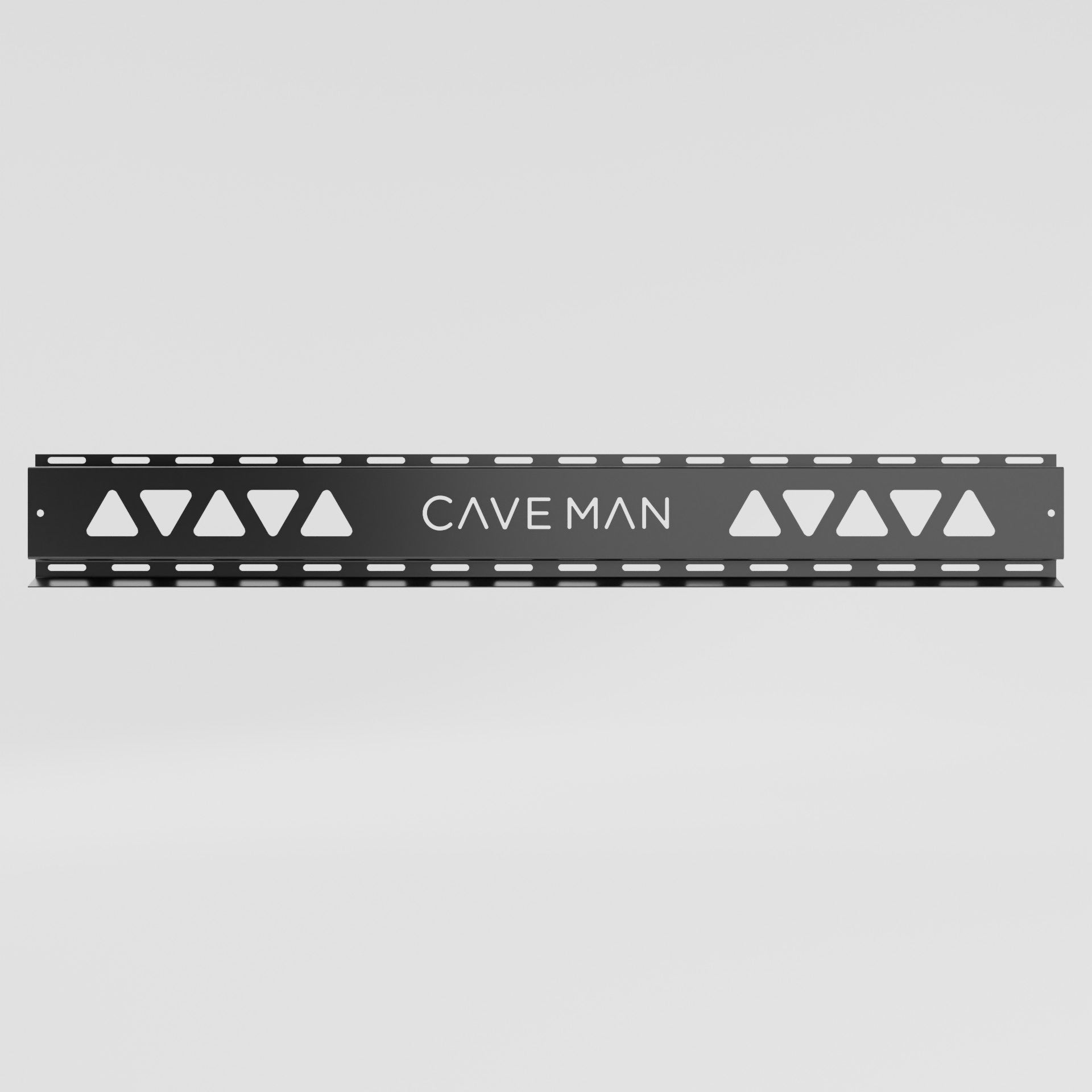 A black metal mounting rail with triangular cutouts on both ends and the text 'CAVE MAN' in the center, shown against a light gray gradient background.