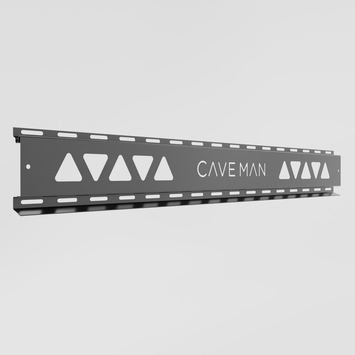 A dark metal rail management rack with triangular cutouts and the brand name 'CAVE MAN' printed on the side, shown against a light gray background.